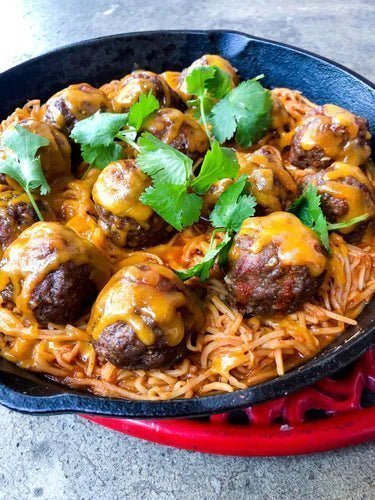 Keto Enchilada Meatball Pasta Bake by Kind Keto Mama