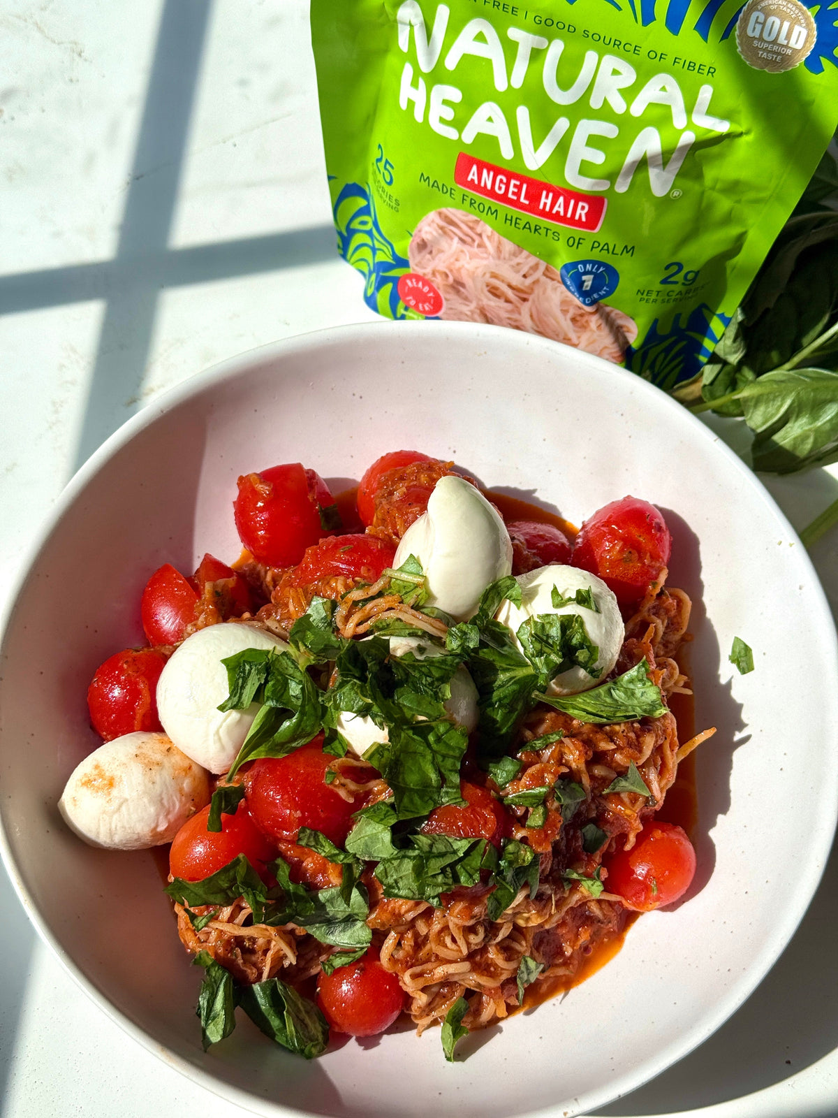 Tomato Basil Angel Hair with Burst Tomatoes and Fresh Mozzarella