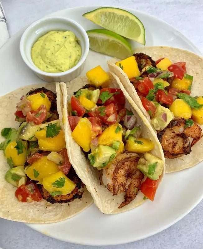 Shrimp-Tacos-with-Hearts-of-Palm-Avocado-and-Mango-Salsa Natural Heaven