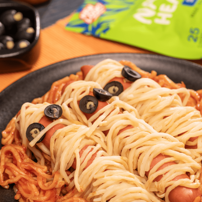 Sausage Mummies with Spaghetti