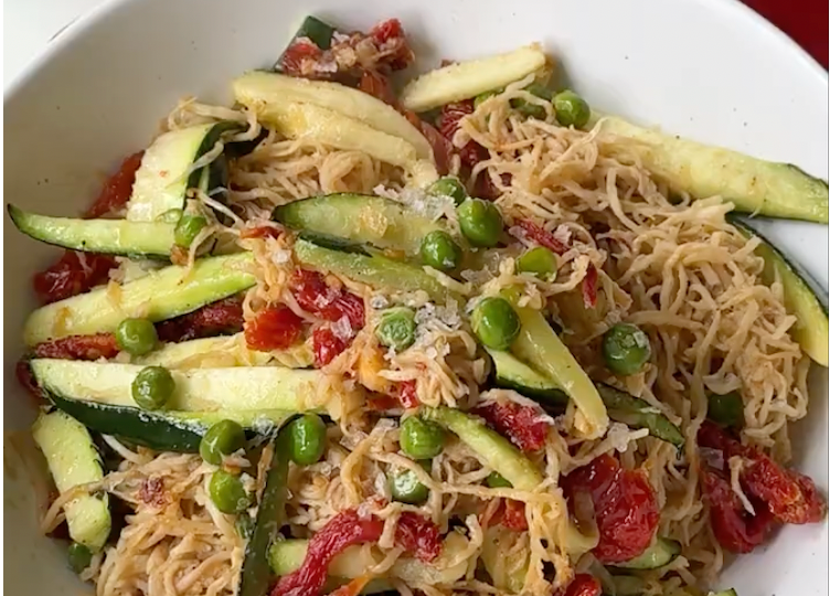Hearts of Palm angel hair served with zucchini soy beans and sun dried cherry tomatoes